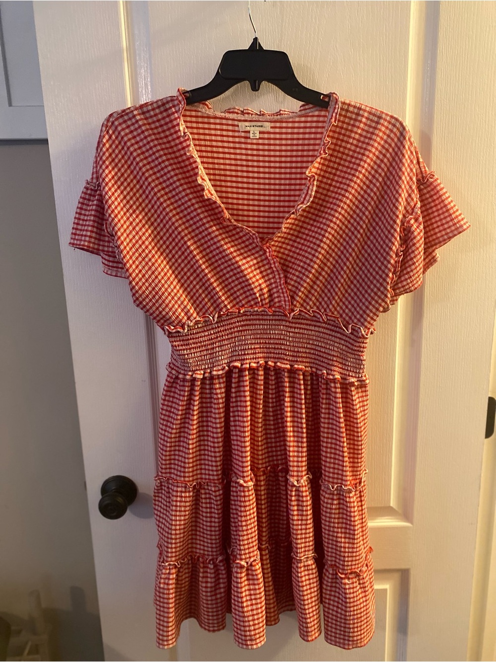 Max Studio Red Gingham Tiered Ruffle Mini Dress